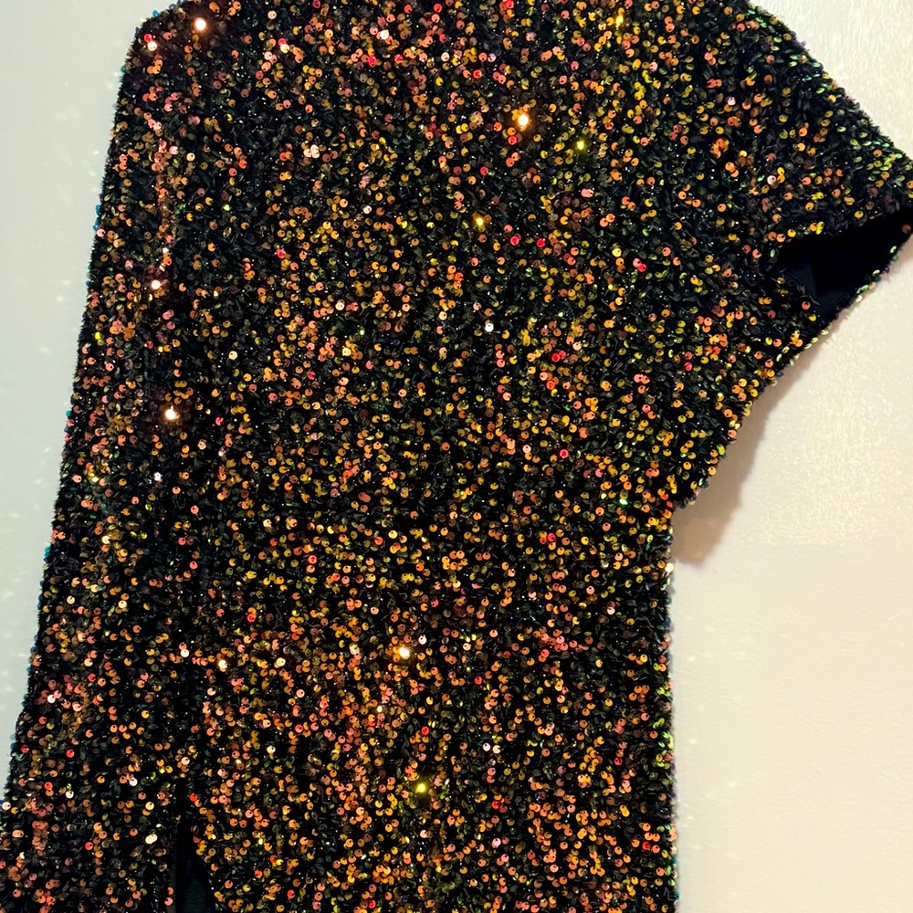Ladies sequin mini dress, multi colored,black mesh along the hem and the collar.